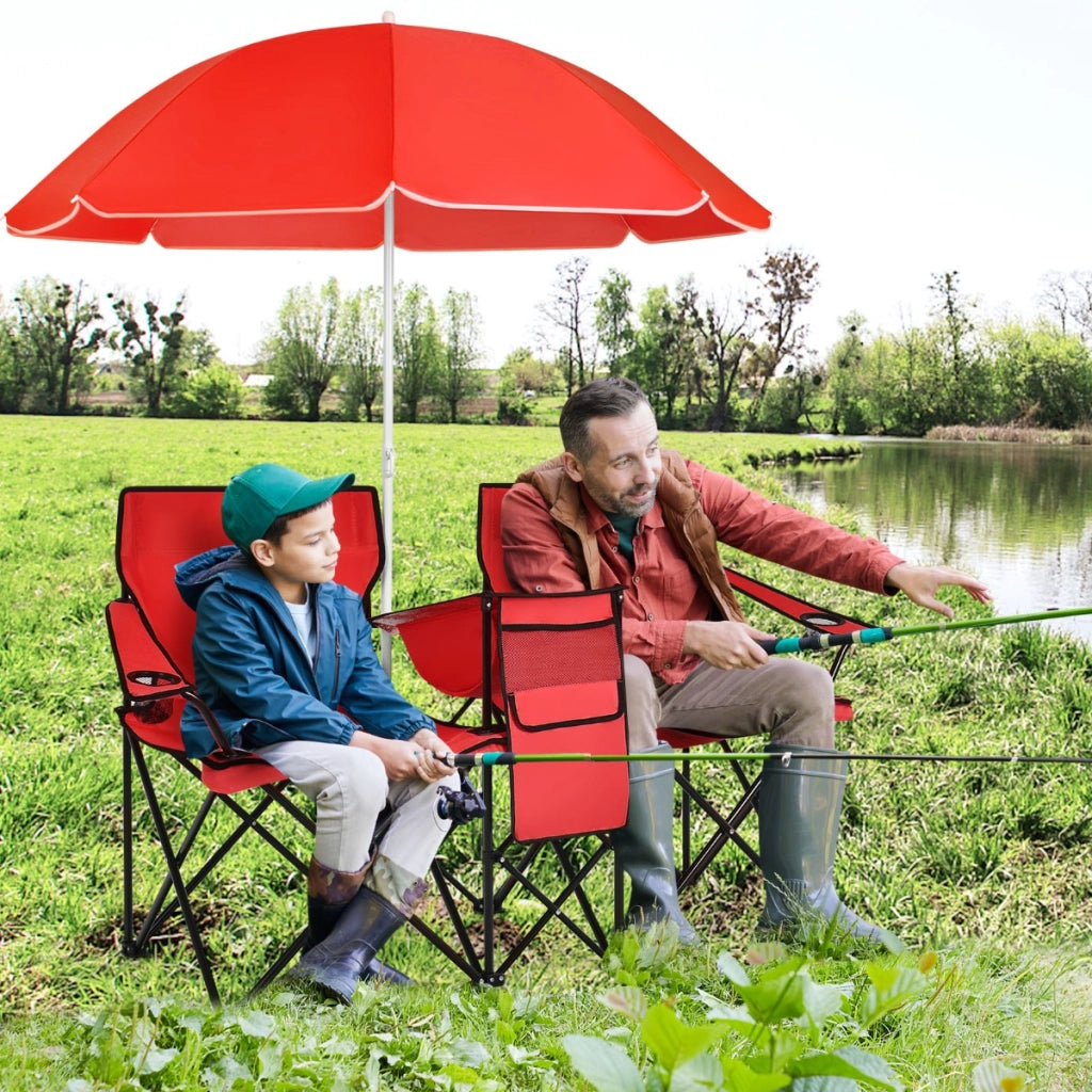Sedia da picnic in acciaio portatile e pieghevole-Sedia da esterno con ombrellone mini tavolo porta bevande Rosso