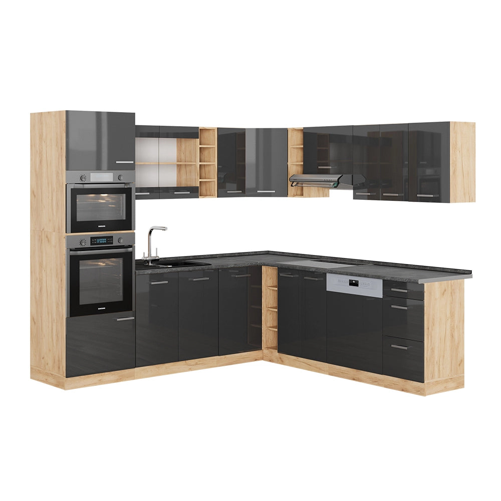 Cucina angolare completa R-Line Antracite lucido/Rovere dorato 247 x 60 cm, PL Antracite Vicco