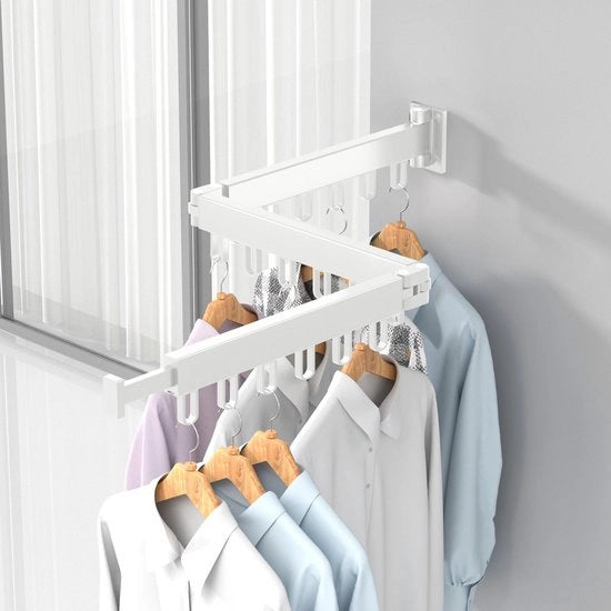 Kledingrek Uitschuifbaar, con Haken, per Parete, per 3 Righelli Pieghevoli, Bianco