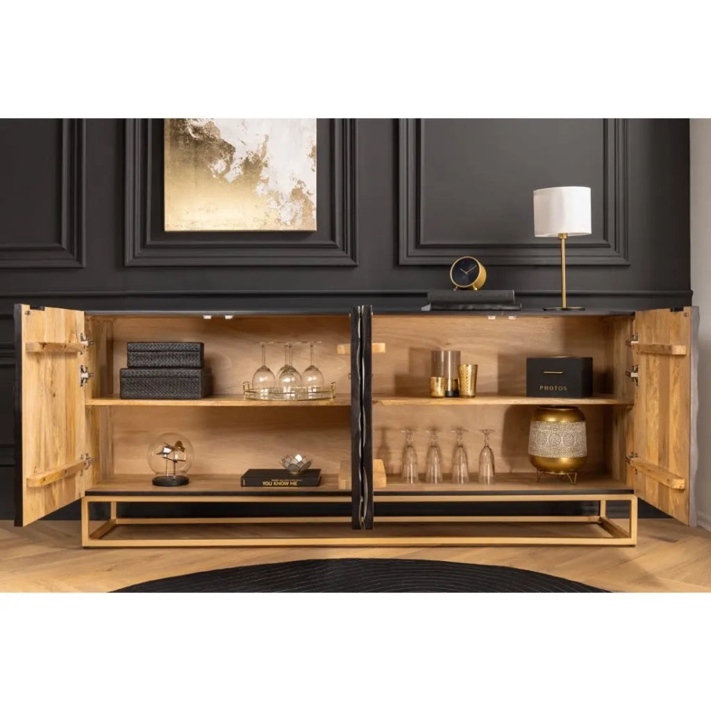Buffet TERRAKAN 180 cm – Legno massiccio nero e bianco scolpito con piedi dorati
