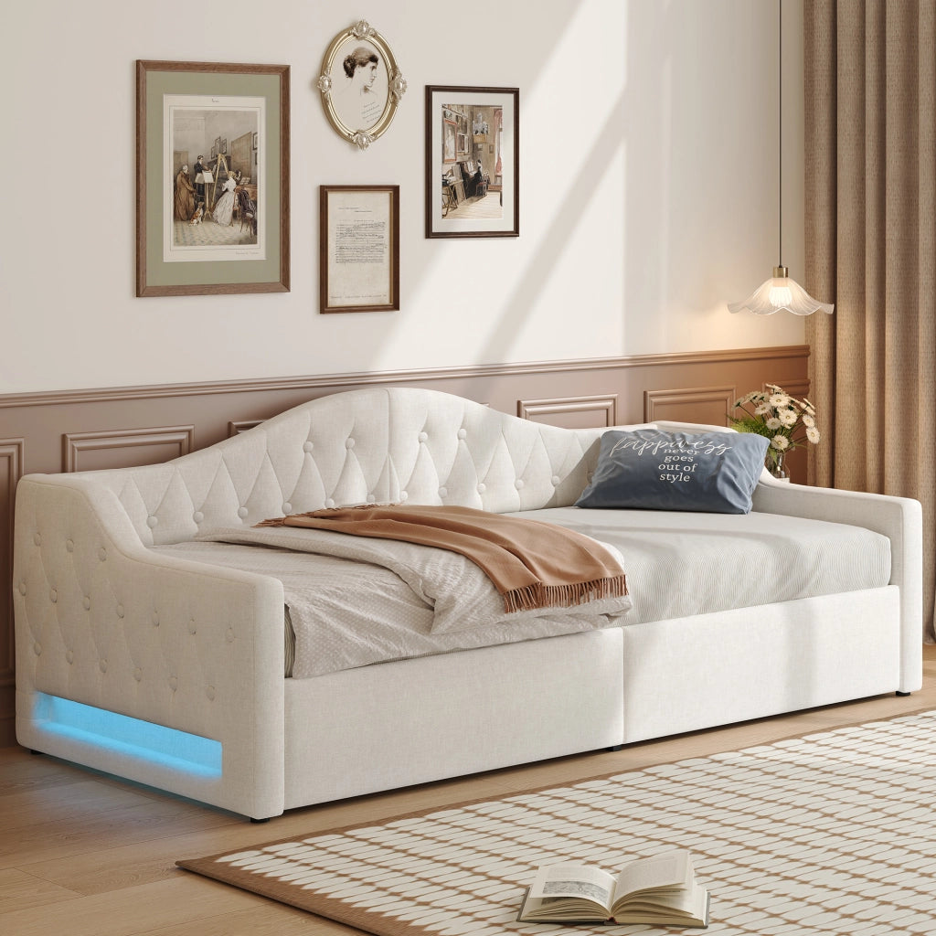 LETTO DA GIORNO 90x200 cm Imbottito Beige con LED e vano contenitore