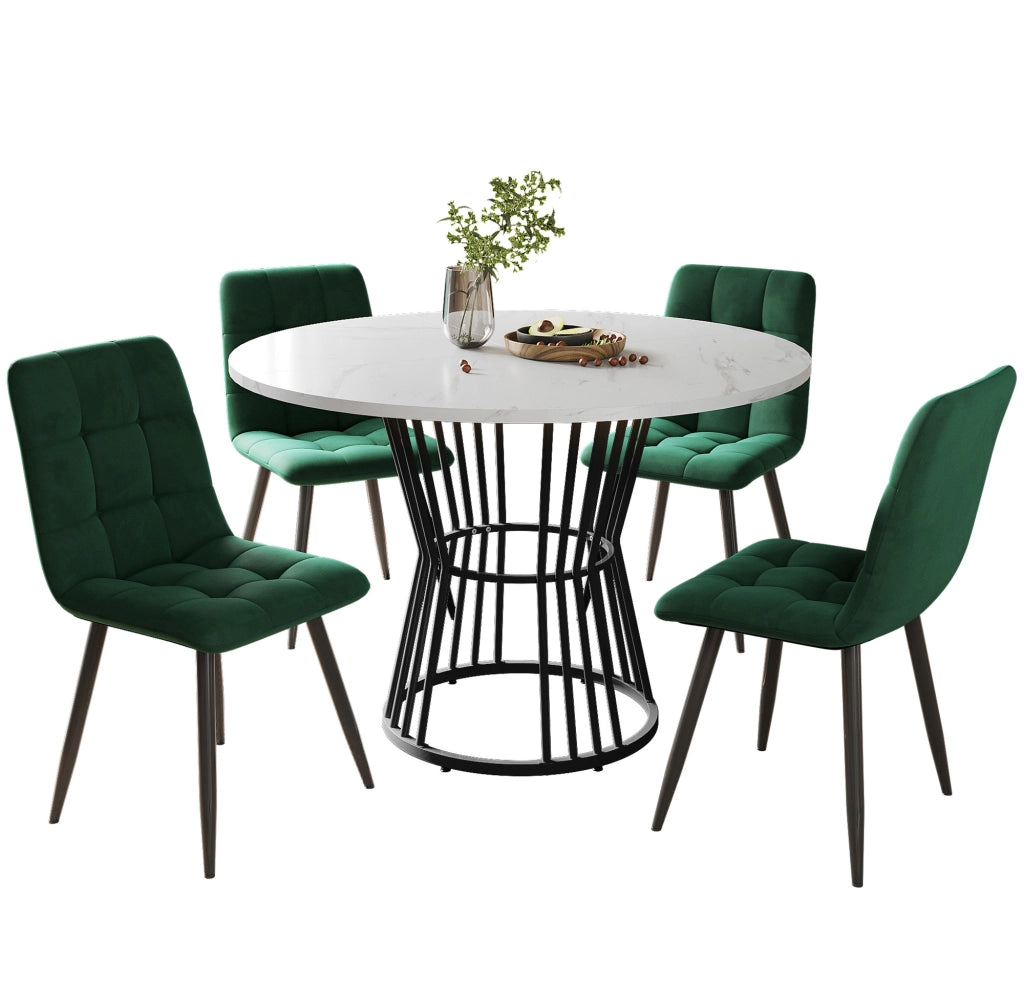 Tavolo da Pranzo Rotondo con 4 Sedie ¨C MINIMAL ¨C Piano Bianco MDF, Gambe Metallo Nero, Velluto Verde, 100cm