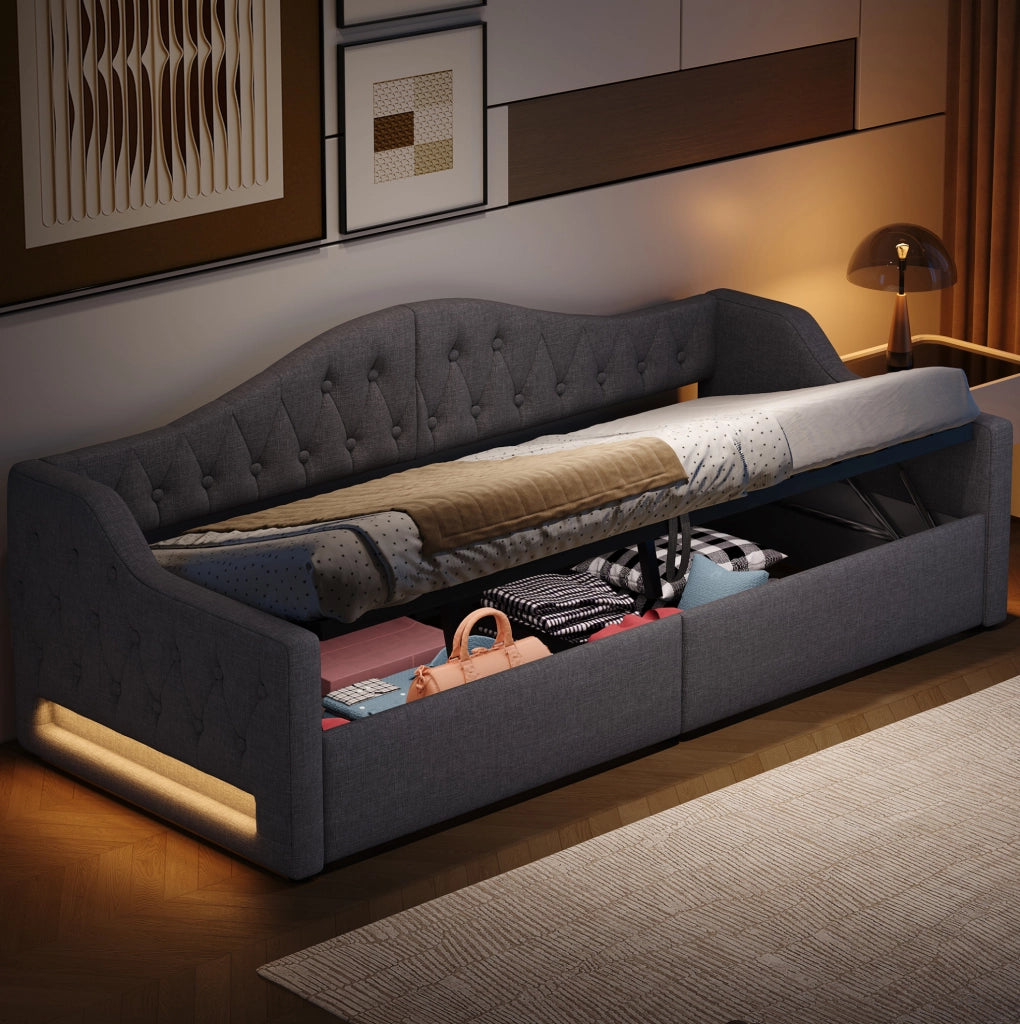 Letto da giorno imbottito 90x200 cm con LED; contenitore sotto il letto; grigio