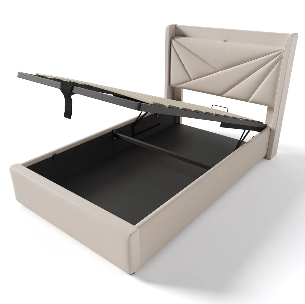 Letto singolo con contenitore e ricarica USB Tipo C 90x200 cm in cotone e lino beige
