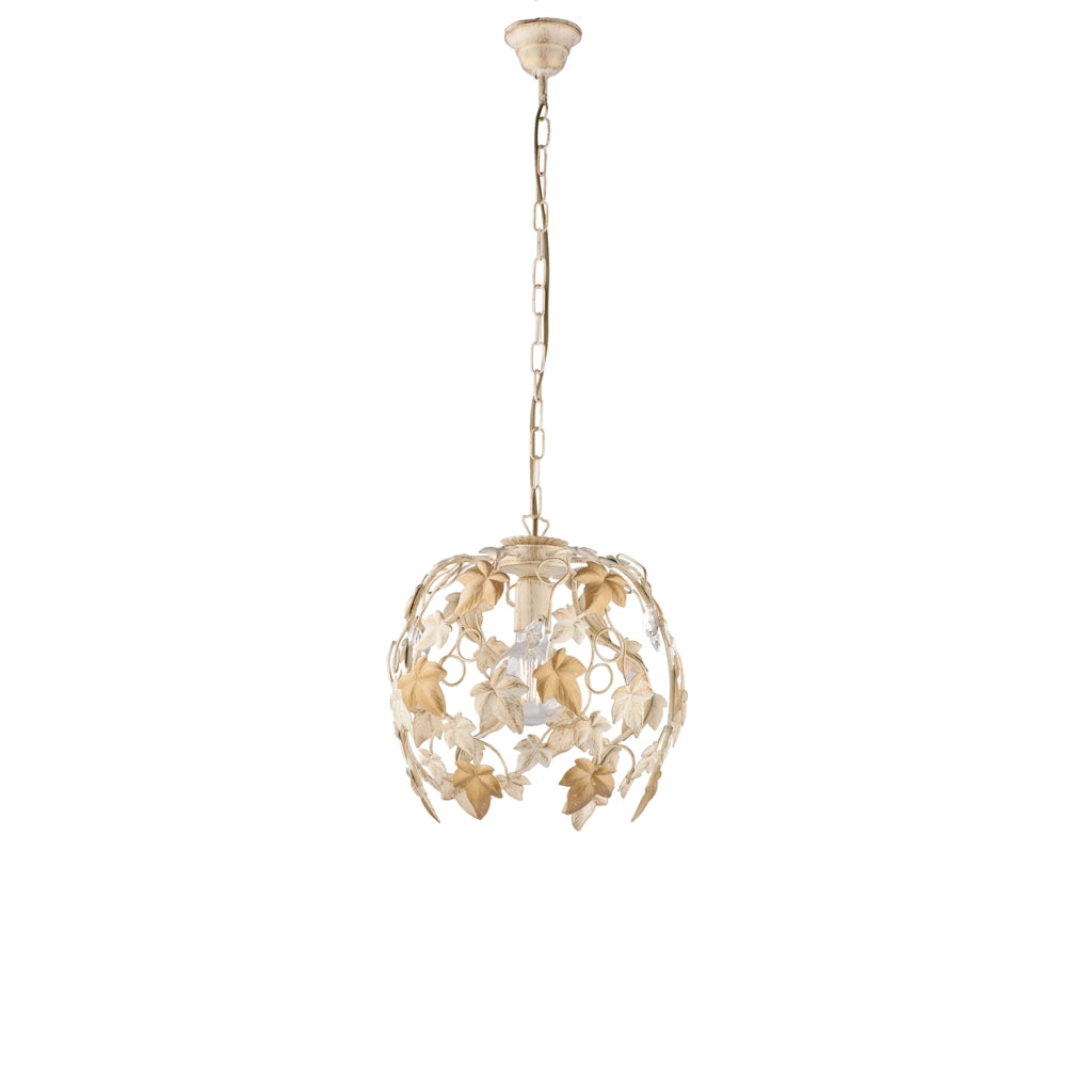 Lampadario Shabby Edera 1 Luce Ferro Battuto Avorio Oro Con Foglie E Cristalli