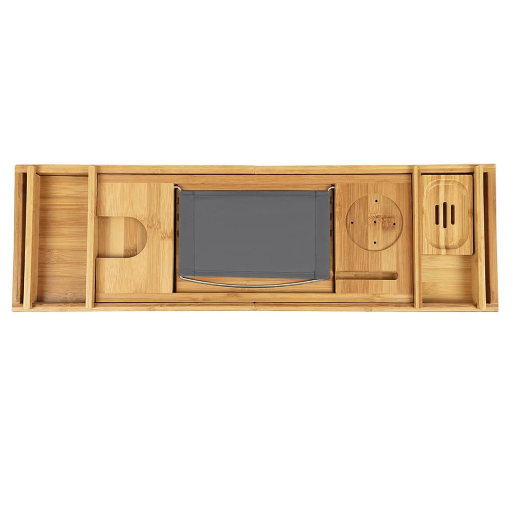 Ponte estensibile per vasca da bagno vassoio da bagno in bambù contenitore per il bagno portabicchiere porta libri porta tablet portasapone 75-109 x 23 x 45 cm beige 12_0006949