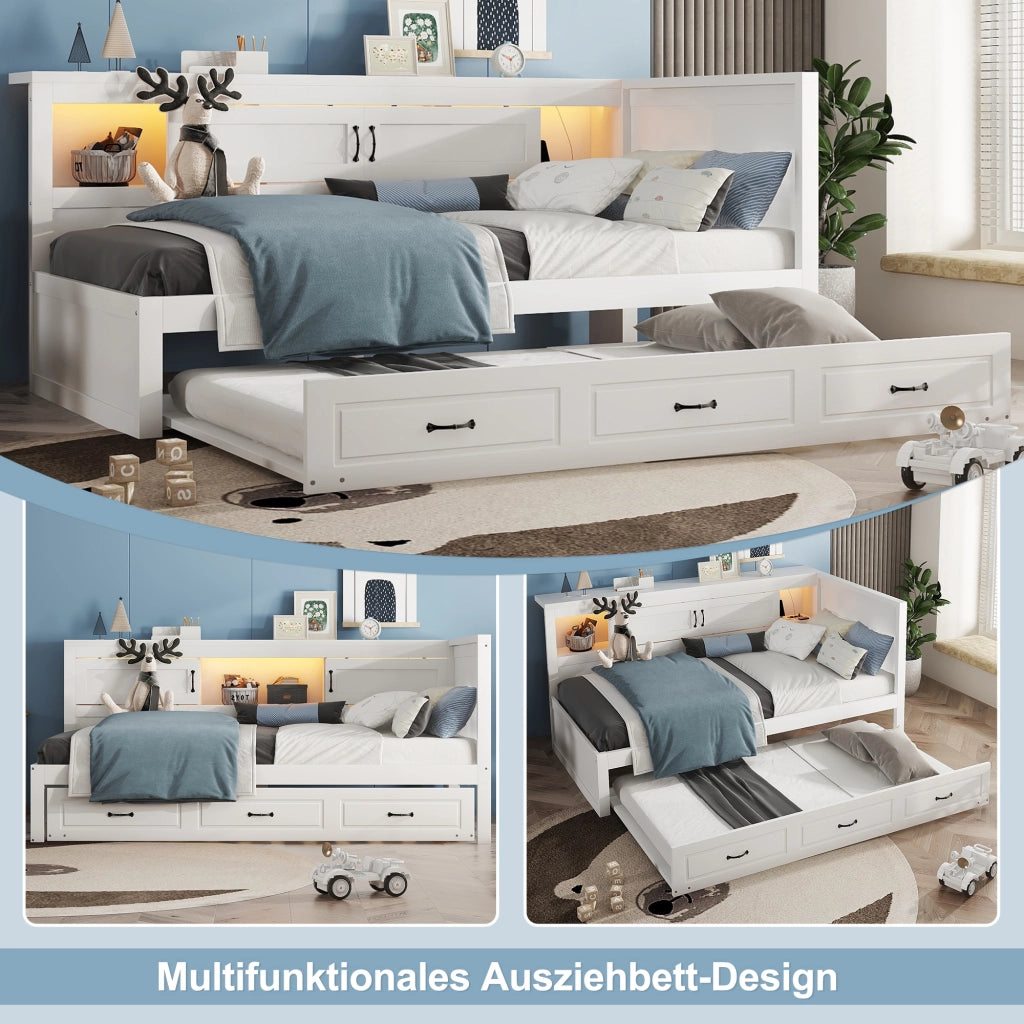 DESMIU Letto divano estraibile 90 × 200 cm 1 posto con LED, presa e USB, senza materasso, bianco