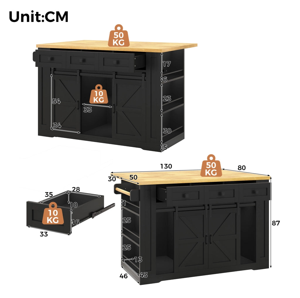 Isola da cucina mobile con piano ribaltabile, 3 cassetti, prese integrate e ripiani laterali, MDF