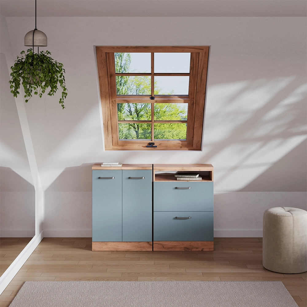 Set di mobili sottotetto Rion Grigio-blu/Rovere dorato 120 cm Set di 2 carcasse armadio profondità 60 cm Vicco