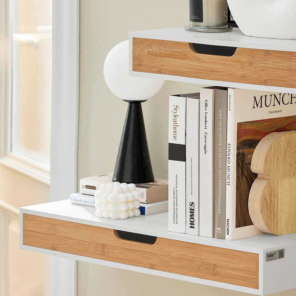 SoBuy | Set di 2 mensole a parete bianche con cassetto | Mensola galleggiante con cassetto integrato | Mensole da muro in MDF verniciato | 40×24×8 cm | Capacità di carico 16 kg | FRG92-WNX2