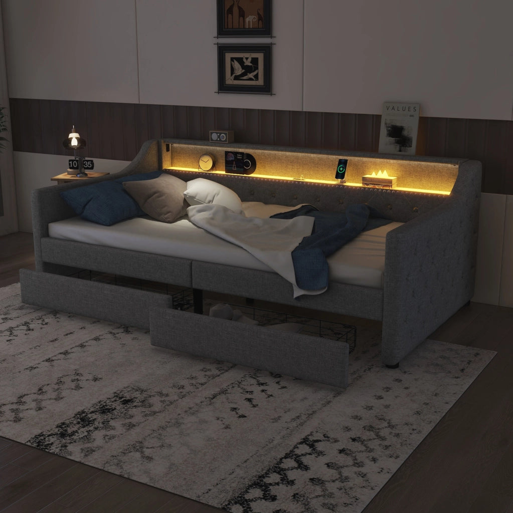 Letto daybed 90 x 200 cm con luce LED, due cassetti e porta USB