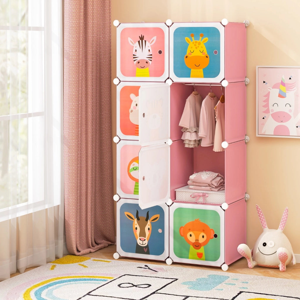 Armadio per bambini portatile 8 cubi con barra appendiabiti, Armadio bambini mobile motivi adorabili per cameretta Rosa