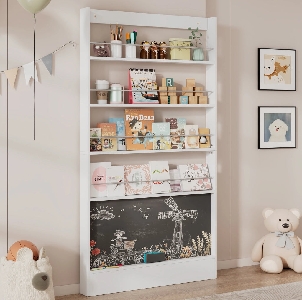 Set di 2 librerie espositive con 4 ripiani; lavagna e fissaggio a parete; bianco