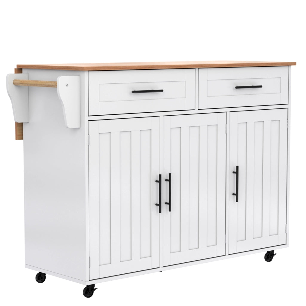 Isola da Cucina Mobile 129x46/71x91;5 cm Bianca con Piano Effetto Marmo; 2 Cassetti; Ripiani e Ruote