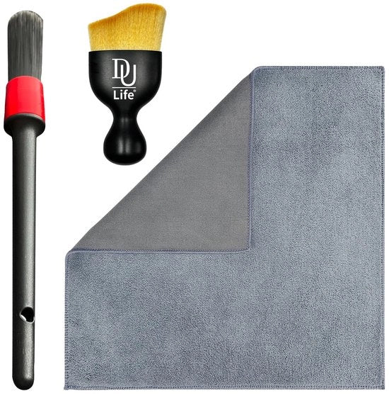 Set di pulizia interno 3 pezzi, spazzola morbida per pulire l'abitacolo, microfibra senza peli per pulire l'abitacolo, fessura di scarico, cruscotto, motocicletta, cerchi in alluminio e mobili (grigio)