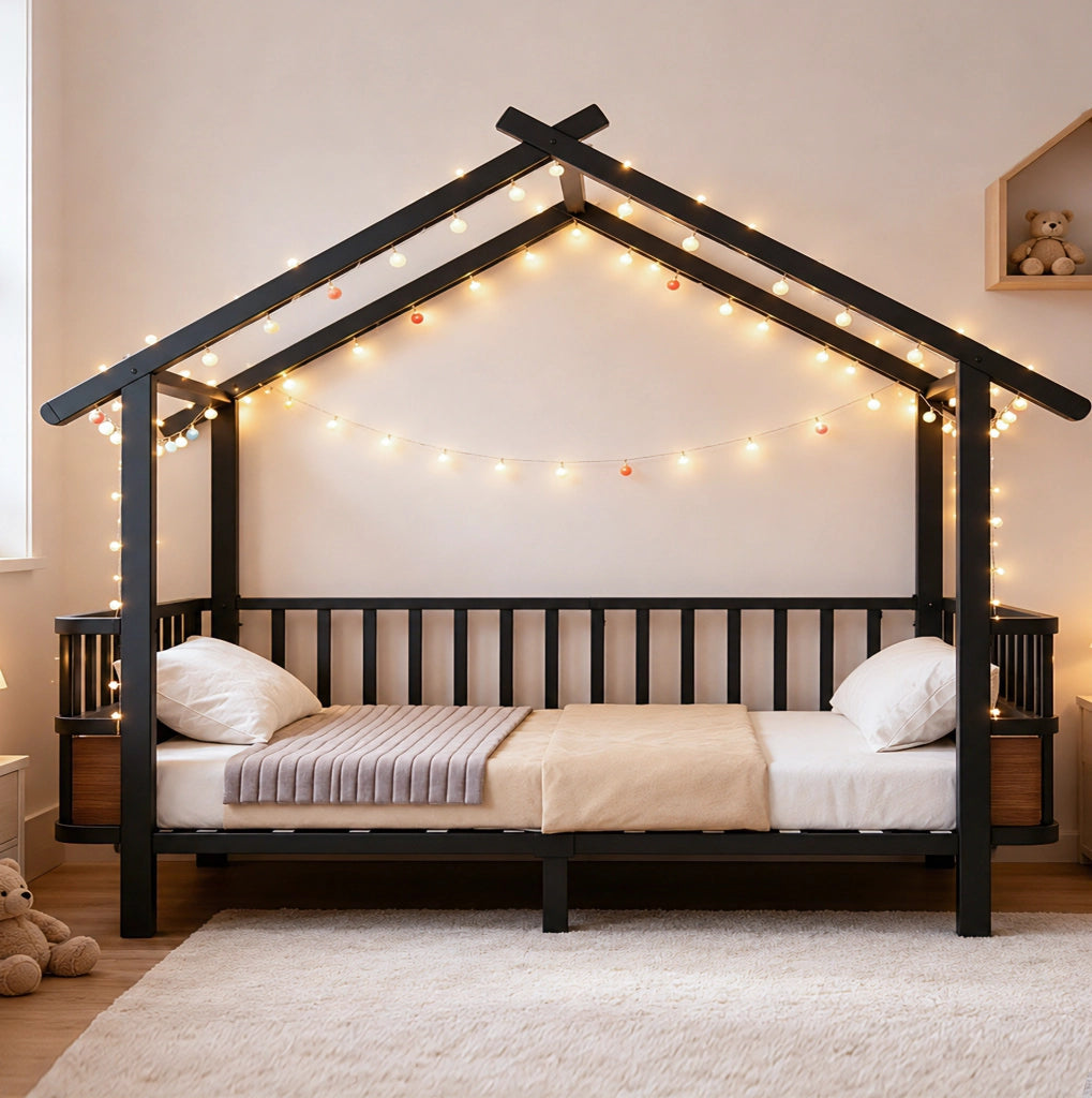 Letto a casetta 90x200 cm con sbarre di sicurezza in metallo nero