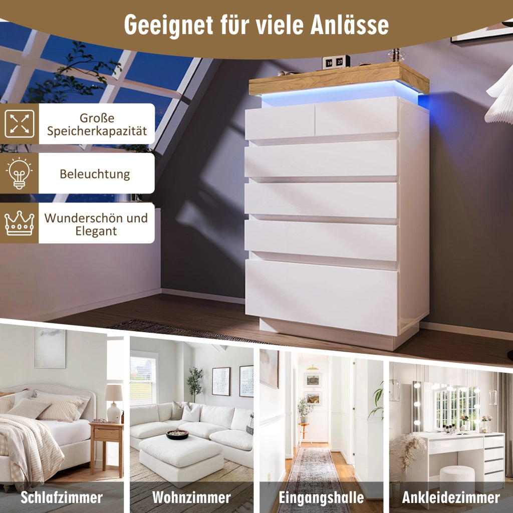OKWISH Comò con 6 Cassetti e LED, Controllo Tramite App e Touch, per Camera da Letto o Soggiorno, Bianco, 73 x 39 x 115 cm