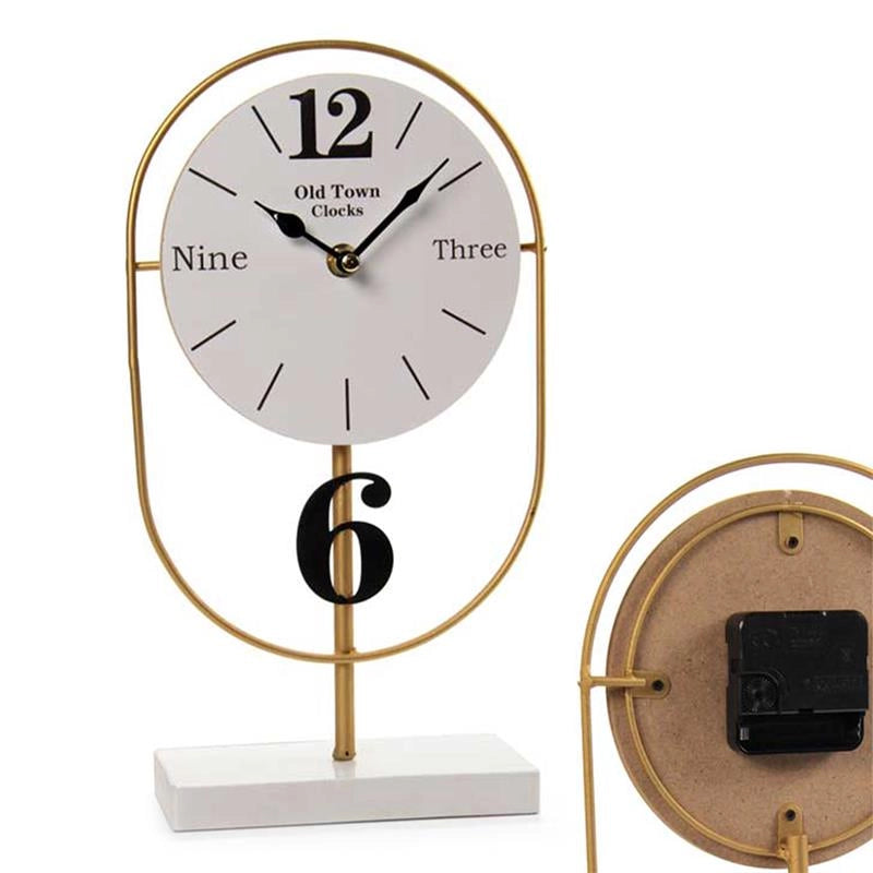 OROLOGIO ANALOGICO DA TAVOLO EFFETTO LEGNO BIANCO CON STRUTTURA IN METALLO DORATA 31 CM