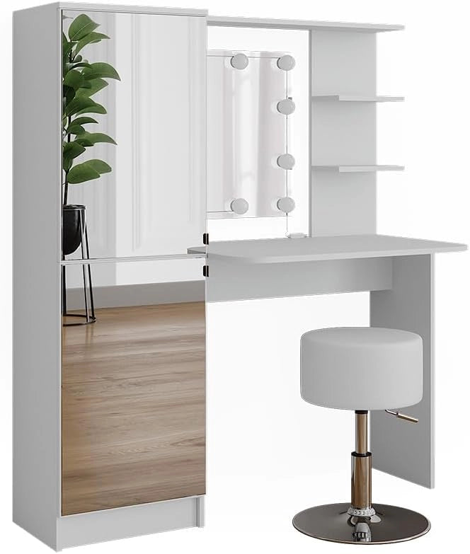 Tavolo da toeletta, Bianco, 123 cm con illuminazione LED e sgabello, Soluzione di conservazione per tutti i prodotti di bellezza