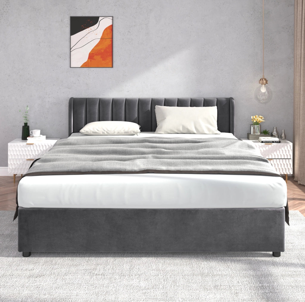 Letto imbottito 180x200 cm in velluto grigio con rete a doghe e 2 cassetti