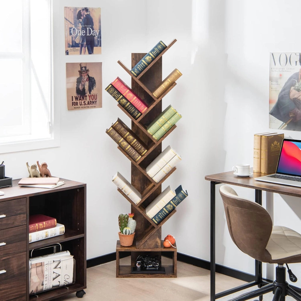 Libreria ad Albero in Legno, Scaffale a 10 Ripiani con Cassetto, Portaoggetti Autoportante per Soggiorno, Studio e Ufficio, 38 x 20 x 150 cm (Marrone)