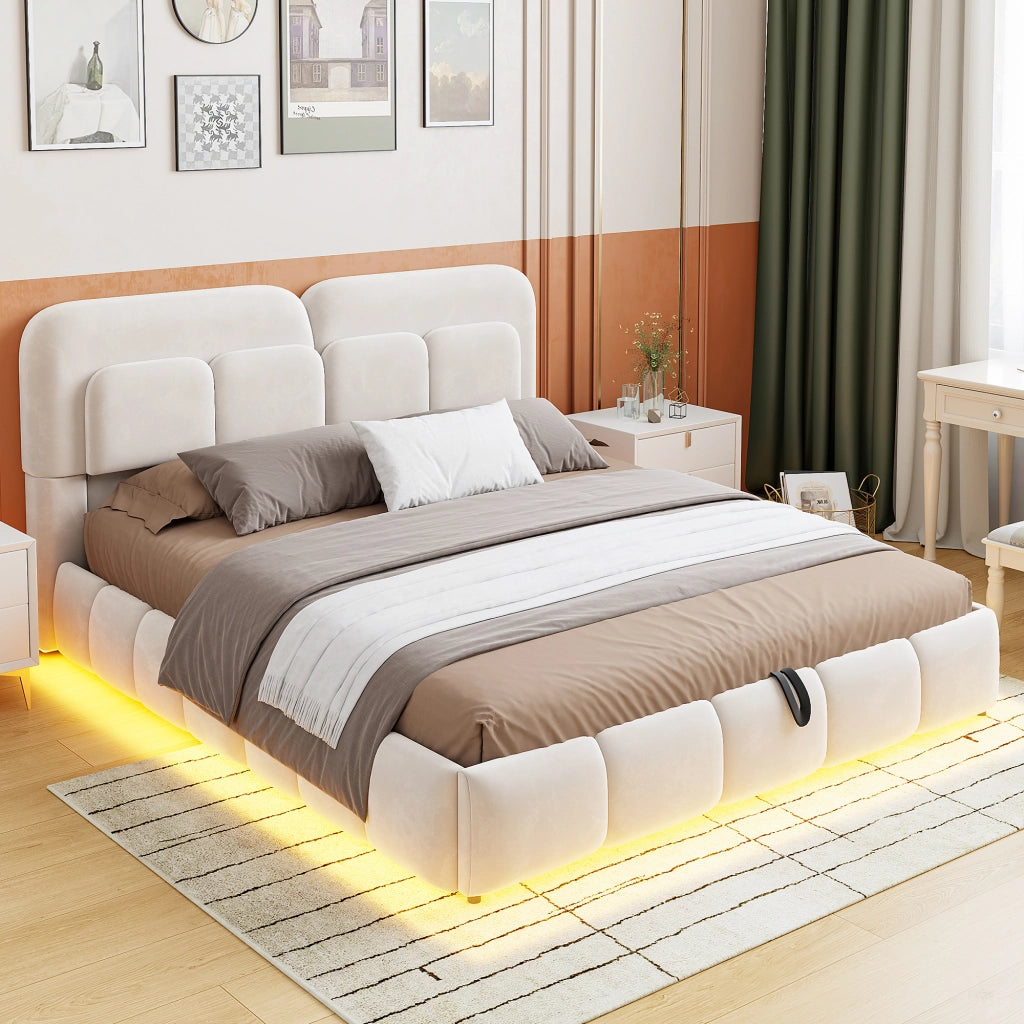 DESMIU Letto con contenitore 140 × 200 cm 2 posti con LED, contenitore idraulico e senza materasso, in velluto, beige