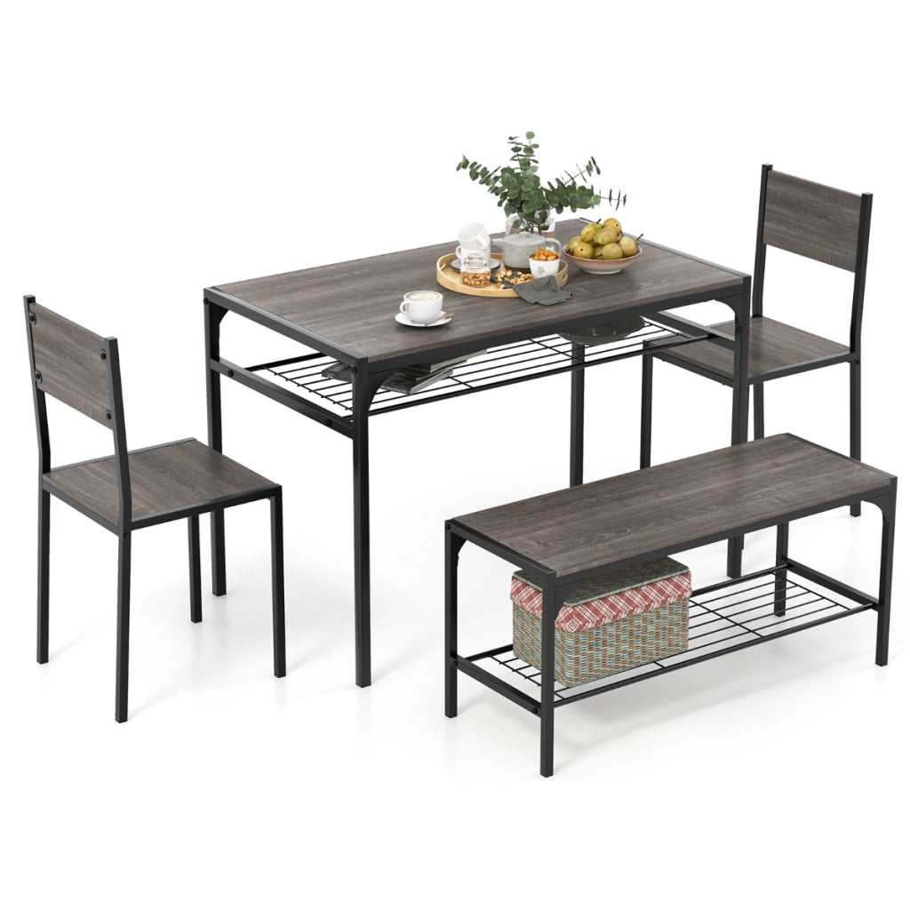 Set da pranzo 4 pezzi con telaio in metallo ripiano portaoggetti-Tavolo da pranzo con 2 sedie panca per 4 persone Grigio scuro