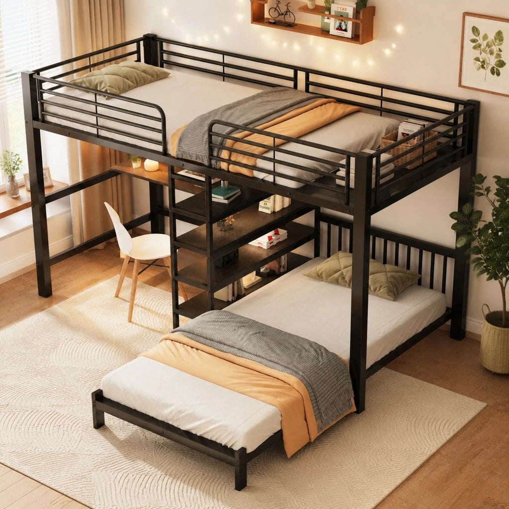 Letto a soppalco per bambini 90 × 200 cm con scrivania, prese USB e Type-C, ripiani, senza materasso, nero