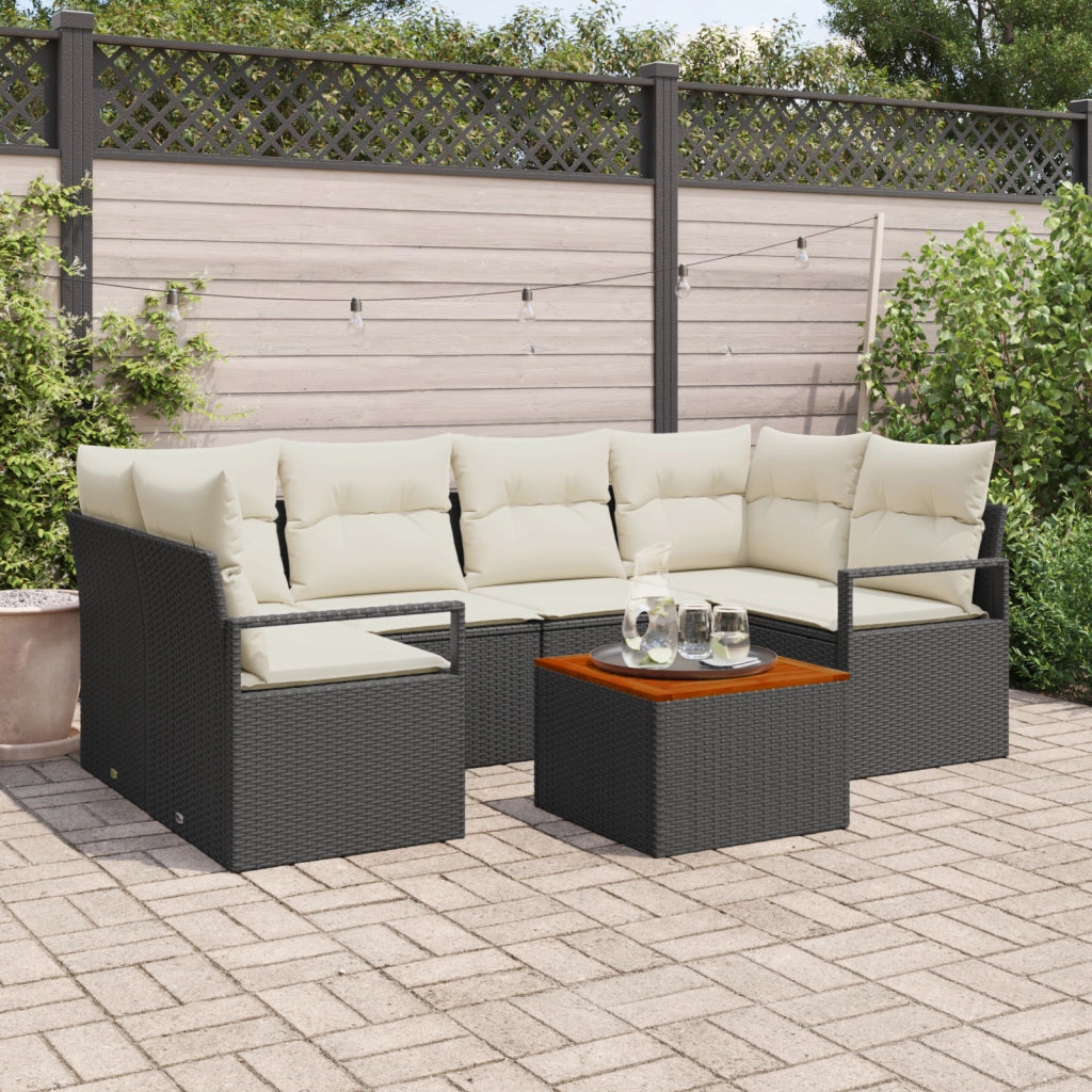 Set di SofÃ  da Giardino 7 Pezzi con Cuscini Rattan Polyrattan Nero Acacia