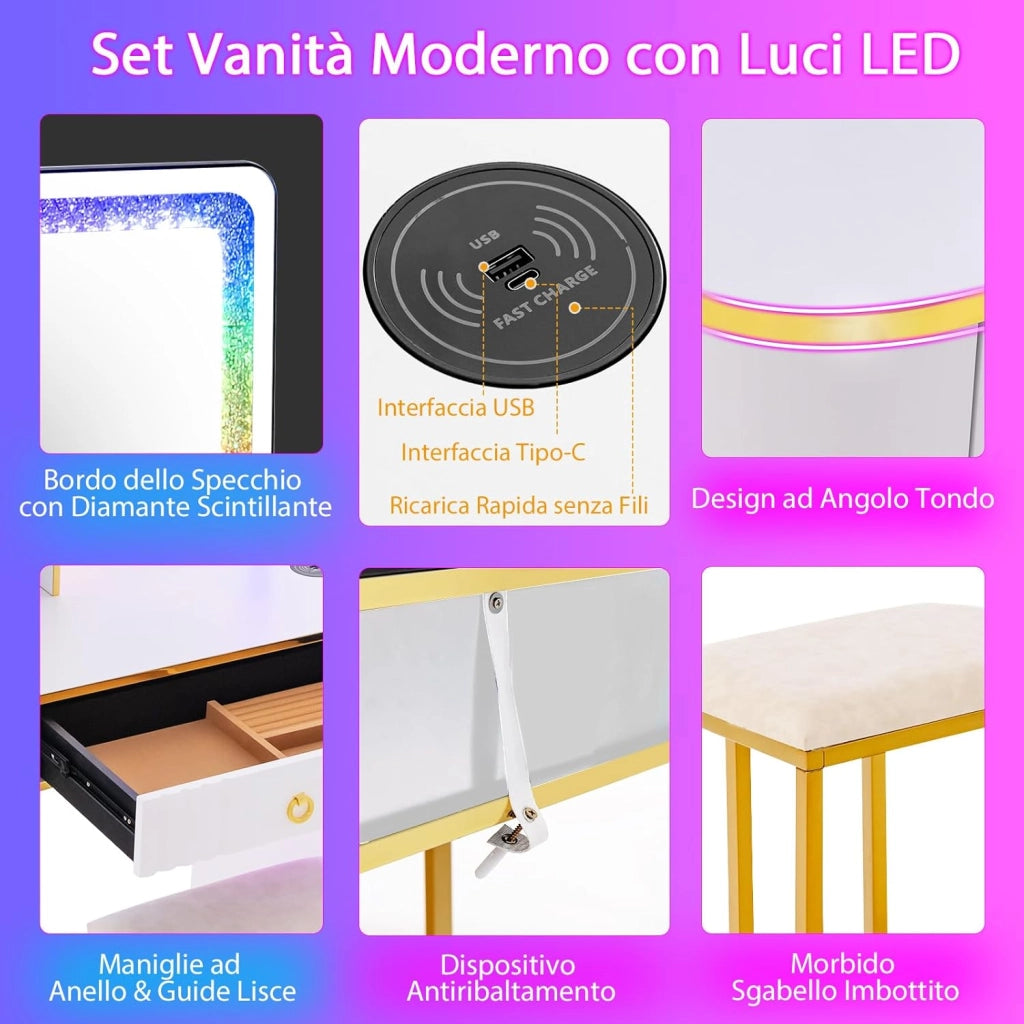 Toeletta da Trucco con Luci, Set Tavolo da Trucco con Sgabello 4 Cassetti, 7 Colori Regolabili di Luce, Porte USB, Telecomando, per Soggiorno Camera da Letto (Bianco)