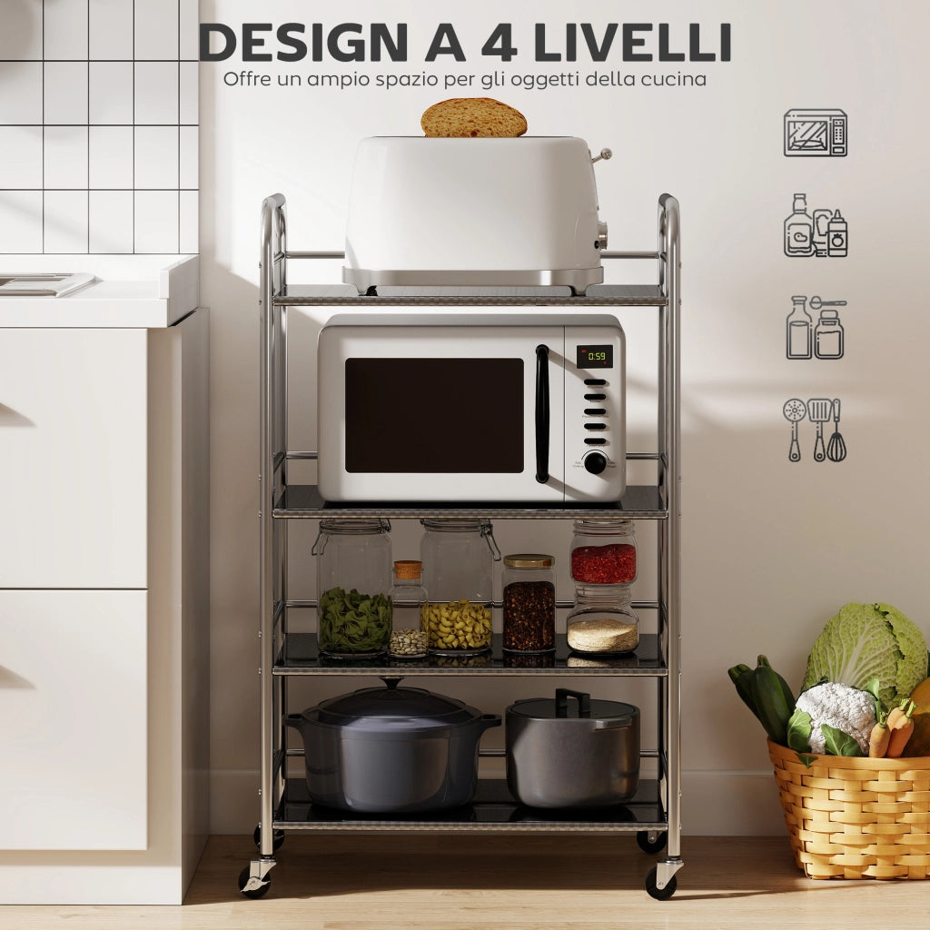 Carrello Multiuso a 4 Livelli con 2 Ripiani Regolabili e Bordi Rialzati. in Acciaio Inox. 60x35x100 cm