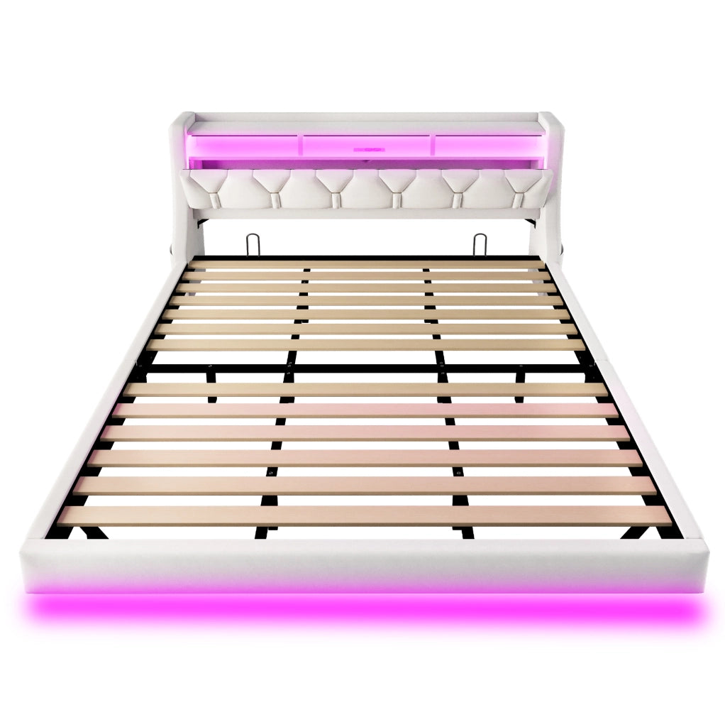 Letto imbottito 180x200 cm in velluto beige con LED; USB; Type-C e testiera ribaltabile