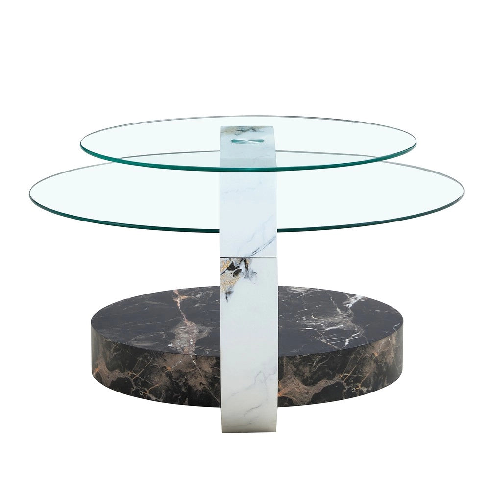 Tavolino da Caff¨¨ con Due Ripiani in Vetro Temperato ¨C MINIMAL ¨C Effetto Marmo, MDF, Bianco/Nero