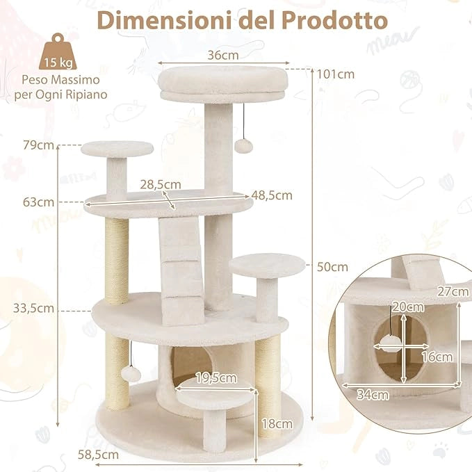 Albero per Gatti Adulti, Torre per Gatti Alta 101 cm con Condominio, Piattaforma Imbottita, Tiragraffi, Pallina di Peluche Pendente e Scala, Albero Tiragraffi in Legno per Interno (Bianco)