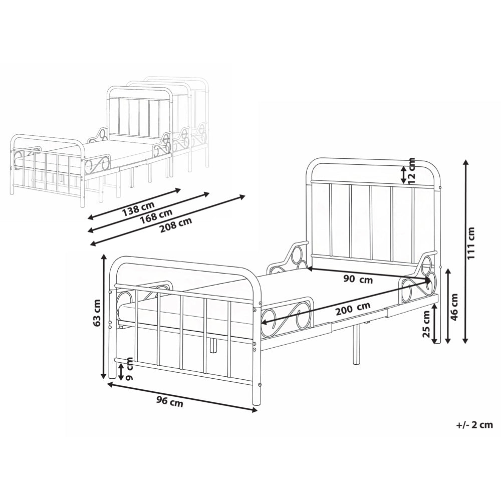 Letto estensibile in ferro per bambini 90 x 130/160/200 cm con rete a doghe nero stile moderno
