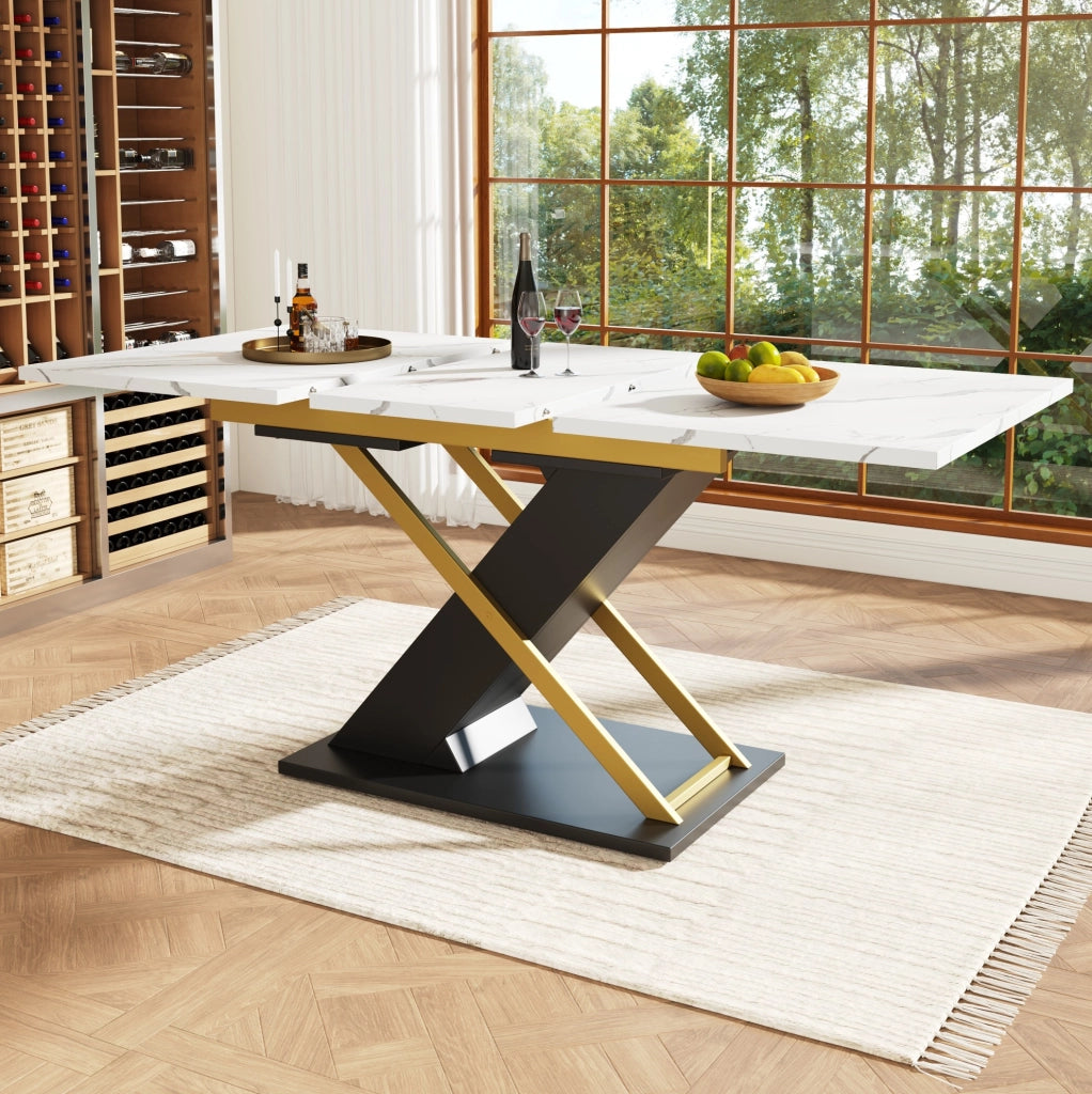 Tavolo da pranzo 120-160x80x75.4 cm allungabile; MDF effetto marmo nero con gambe incrociate