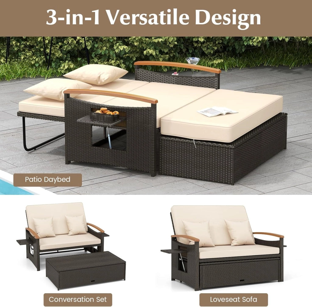 Divano da Giardino in Rattan a 2 Posti con Funzione Allungata, Set di Mobili in Rattan con Sgabello, Doppia Sedia a Sdraio per 2 Persone, 3 Colori (Cuscino Beige)