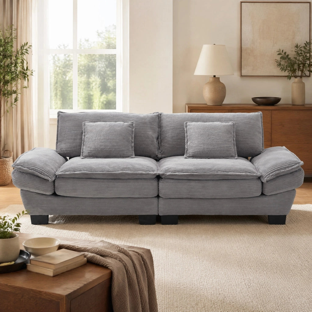 Divano 2 Posti con Seduta Extra Profonda, Braccioli Imbottiti e 2 Cuscini, in Velluto Grigio Chiaro 224 × 81 × 81 cm