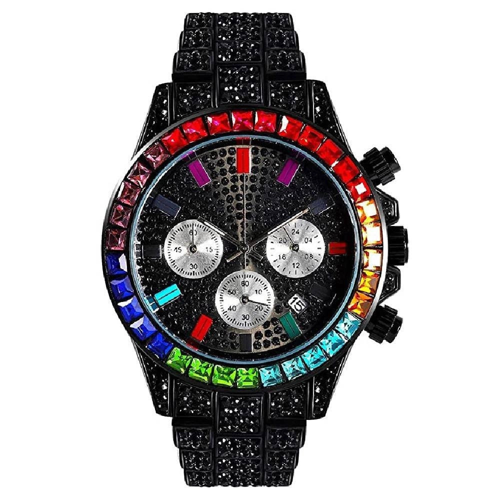 Trade Shop - Orologio Da Polso Unisex Quarzo Acciaio Data Diamond Strass Nero Ghiera Colorata -