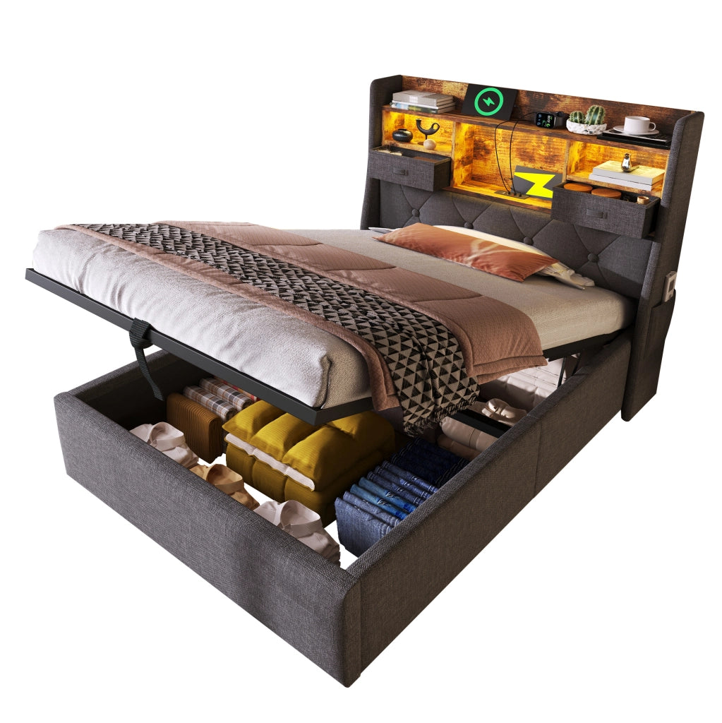 Letto matrimoniale singolo 90x200 cm con contenitore, LED e prese di ricarica, materasso incluso