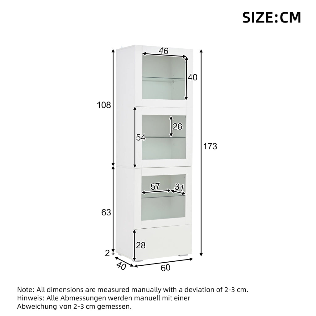 Vetrina con LED, 3 ante in acrilico, 1 cassetto e 6 vani, per soggiorno, in MDF e vetro, bianco, 60 × 40 × 173 cm
