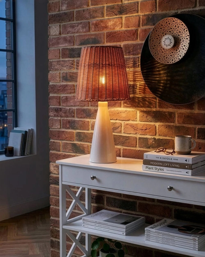 Lampada da tavolo con base in ceramica bianca e paralume in rattan Lampada da comodino per il salotto del corridoio