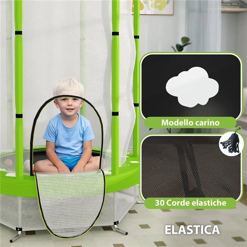 TRAMPOLINO ELASTICO PER BAMBINI Ï140 CM CON RETE DI SICUREZZA E DISEGNI, ETÓ 3-6 ANNI, VERDE
