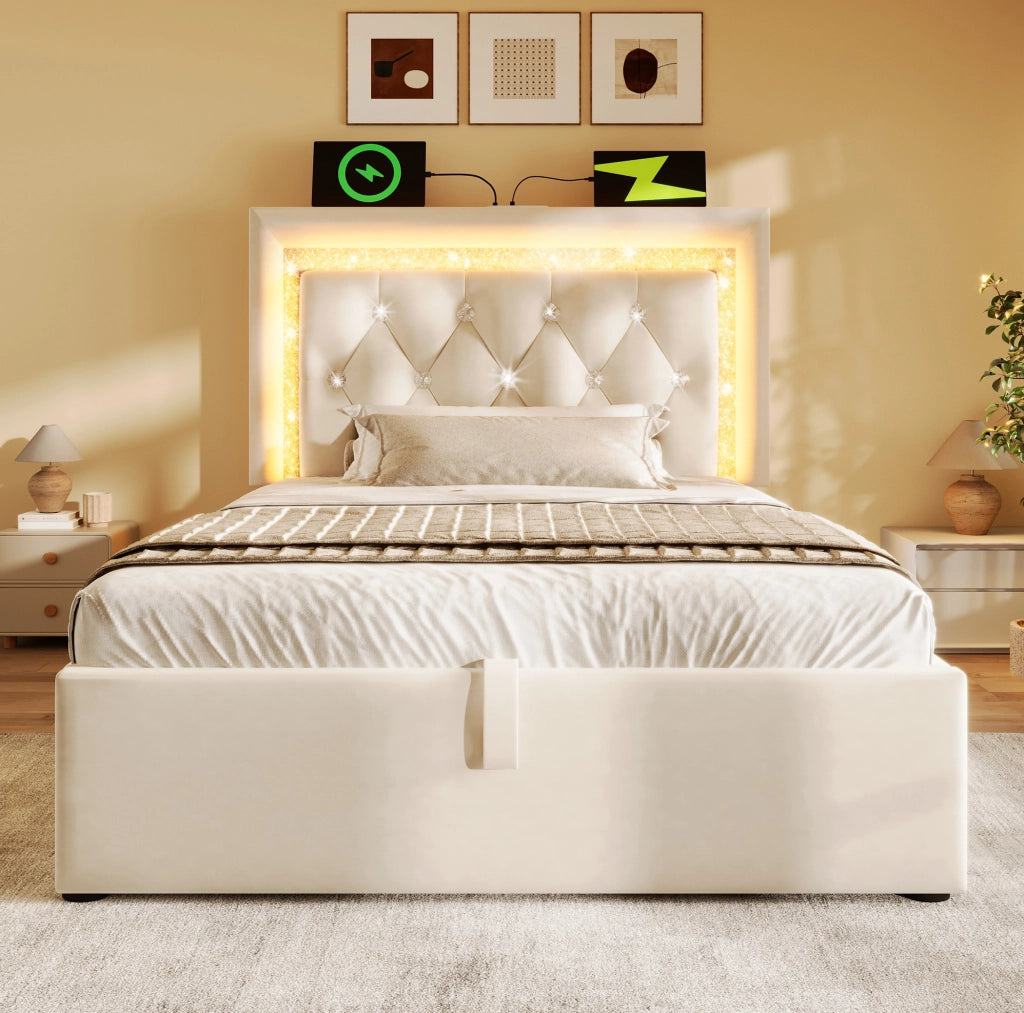 Letto singolo 90x200 cm in velluto beige con LED; USB e contenitore idraulico