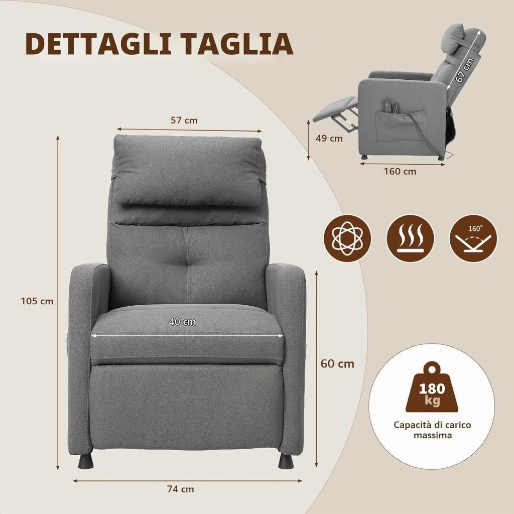 Poltrona Relax Elettrica; Poltrona Relax Reclinabile con Massaggio Vibrante 4 Punti e Funzione Riscaldante; Reclinazione 165°; Poggiapiedi; Telecomando; Tasche Laterali; per Anziani Soggiorno Salotto