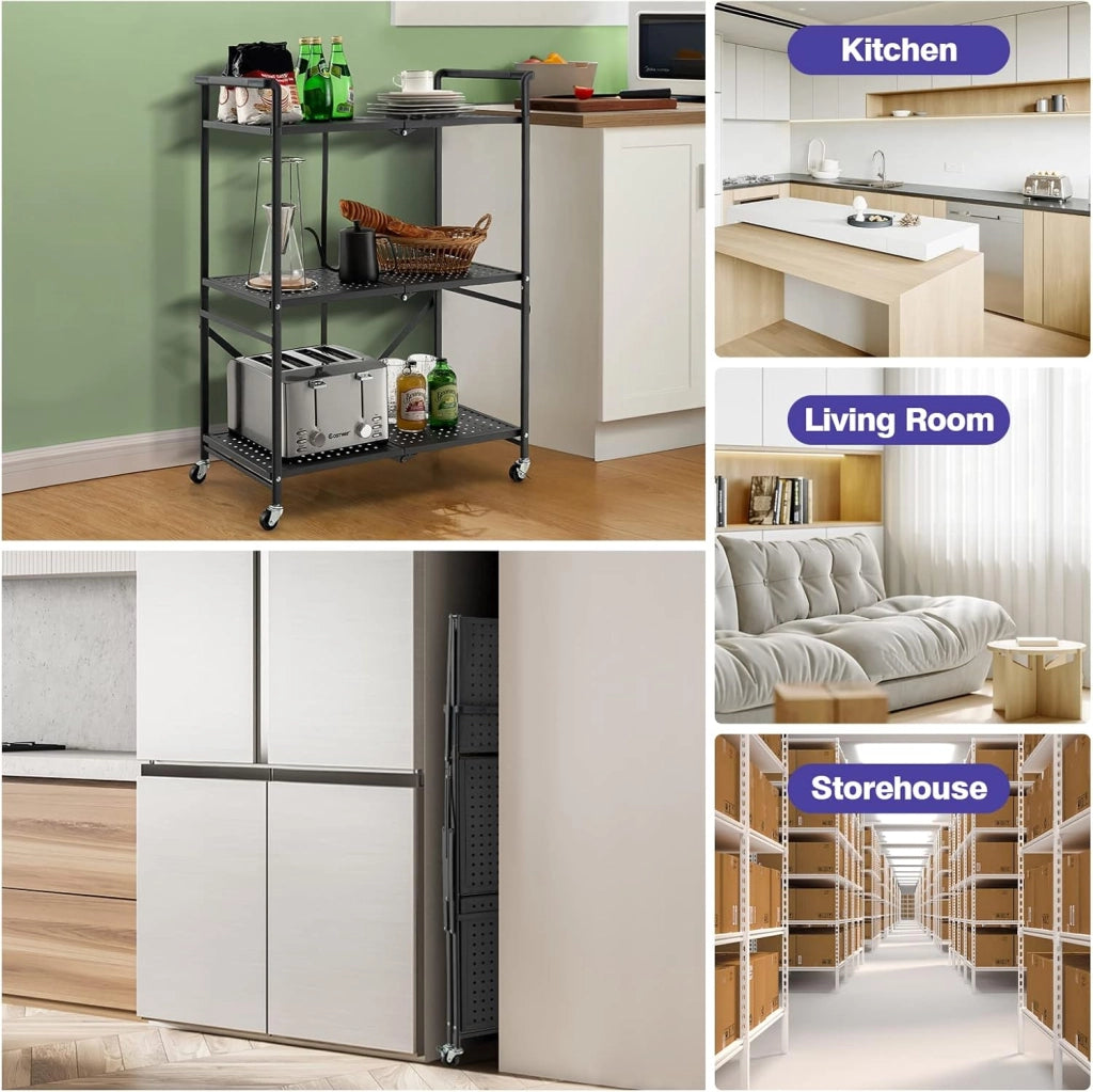 Carrello Portaoggetto Pieghevole, Scaffali con Ruote Bloccabili 3 Ripiani e Maniglie, Carrello con Ruote Portatutto per Cucina Soggiorno Corridoio
