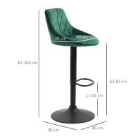 Set 2 Sgabelli da Bar, Altezza Regolabile con Base in Metallo e Seduta in Velluto, Sgabelli Moderni con Schienale e Poggiapiedi, 46x48x83-104 cm, Verde