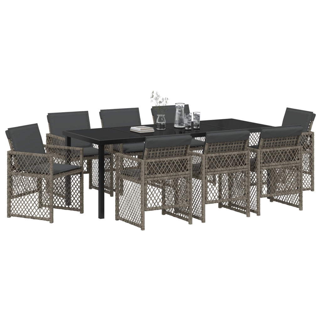 Set da pranzo da giardino  9 pezzi con cuscini grigio rattan