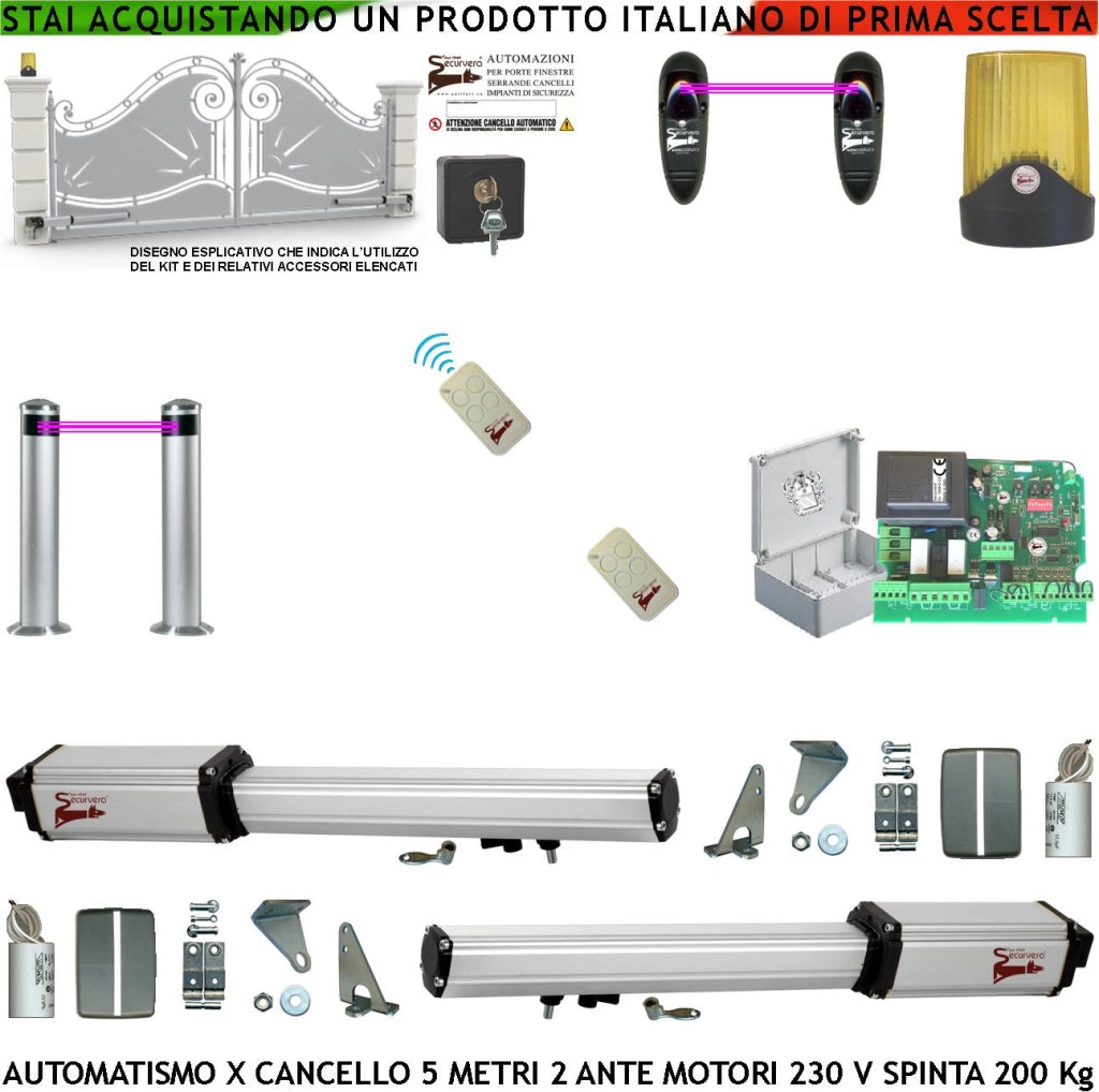 Cancello Automatico 5 Metri 2 Ante da 2,5 MT Kit Motori Elettromeccanici 230 V Sblocco Corsa 300mm Spinta 2 Q.li Staffe 2 Radiocomandi 2 Coppie Fotocellule 2 Pali Selettore 2 Ck Faro Cartello Monitore