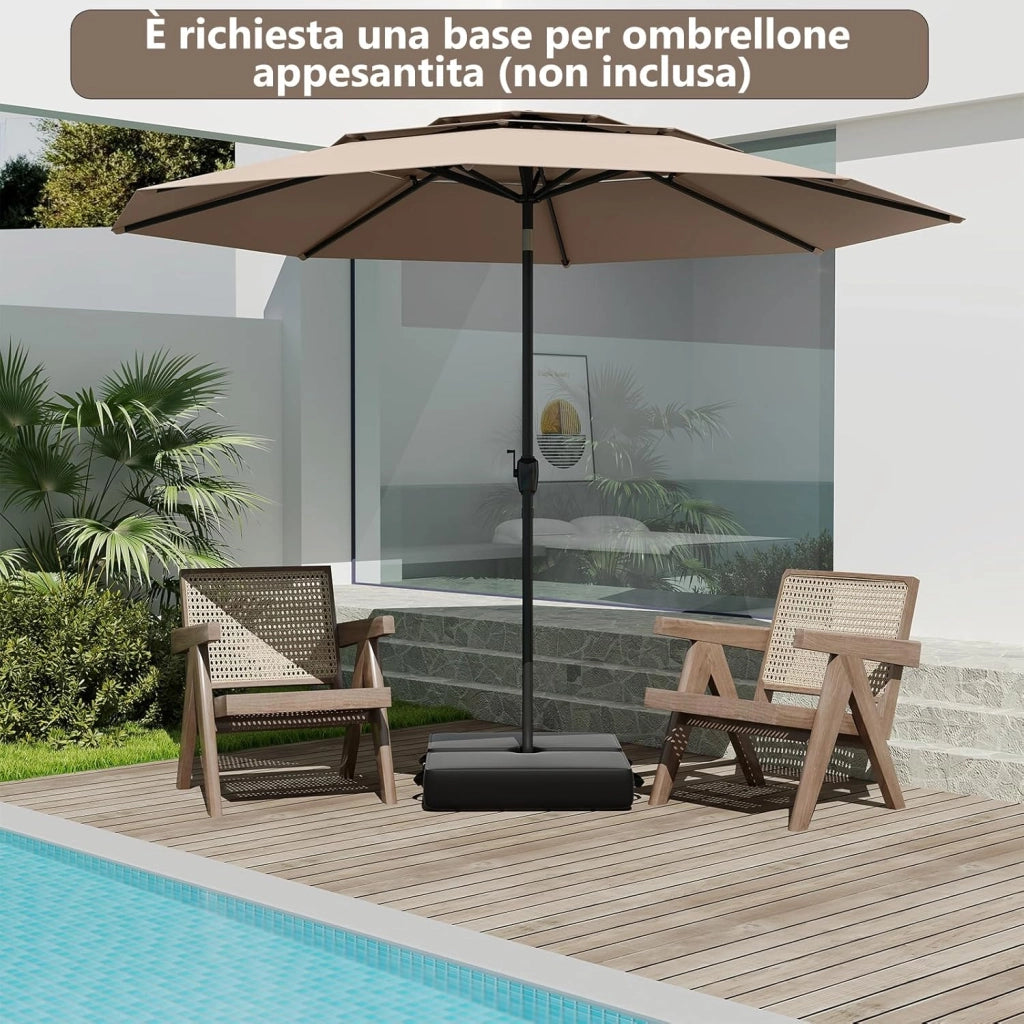 Ombrellone da Giardino 300 cm, Ombrellone Esterno con Inclinazione Regolabile, Ombrellone a 3 Livelli con Manovella 8 Stecche, per Giardino Piscina Cortile (Marrone)